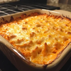 Buffalo chicken dip baking in the oven with bubbling edges and golden melted cheese on top