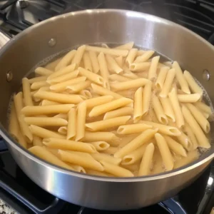 Boiling salted water with high protein legume pasta cooking in a large pot, reserved pasta water on the side
