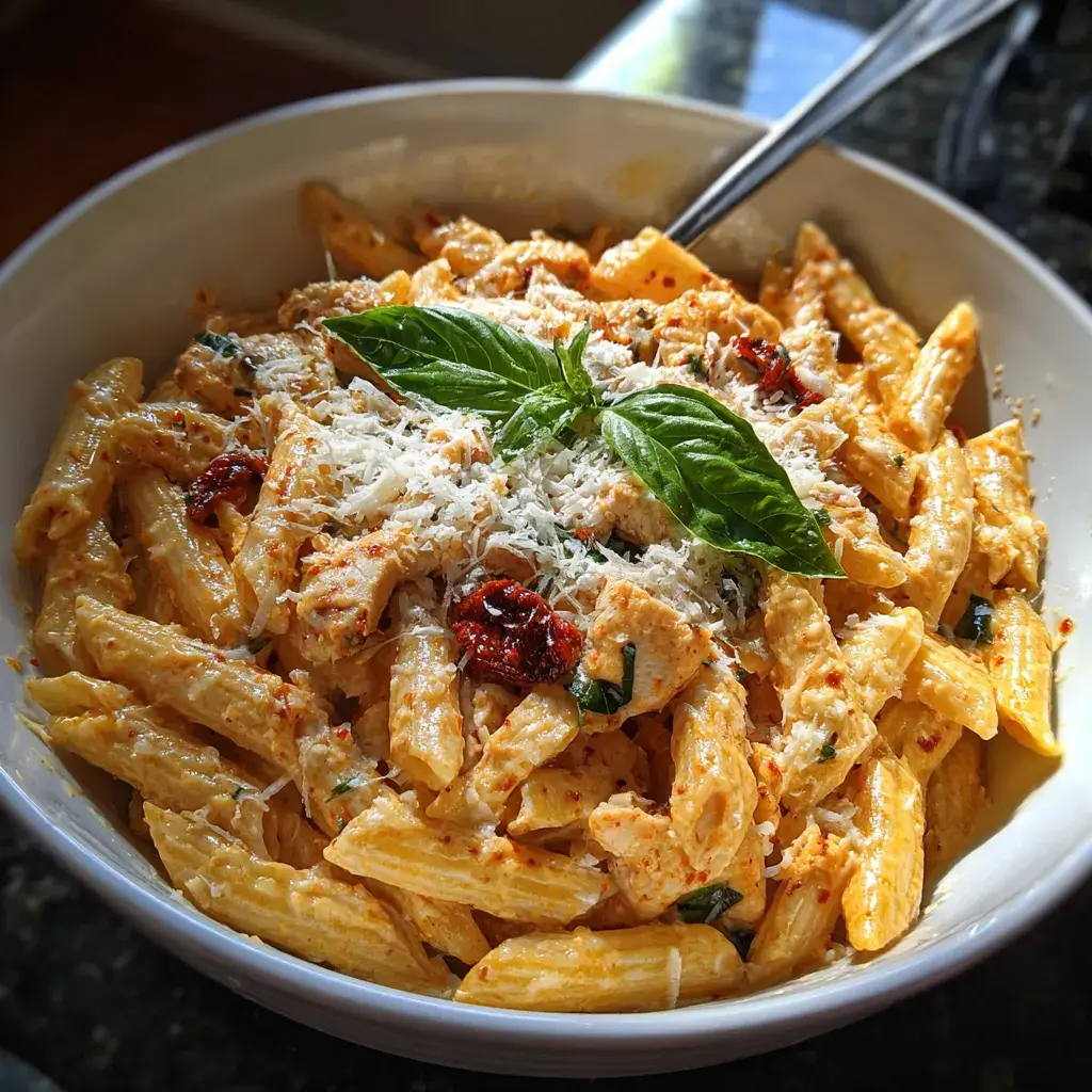 High protein chicken recipes — creamy pasta with chicken and 45g protein per serving