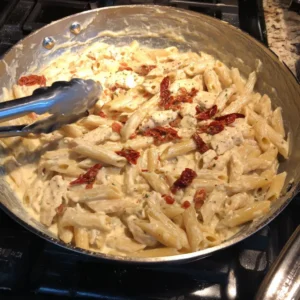 Creamy protein pasta being tossed in a skillet with cottage cheese garlic parmesan sauce and chopped sun-dried tomatoes