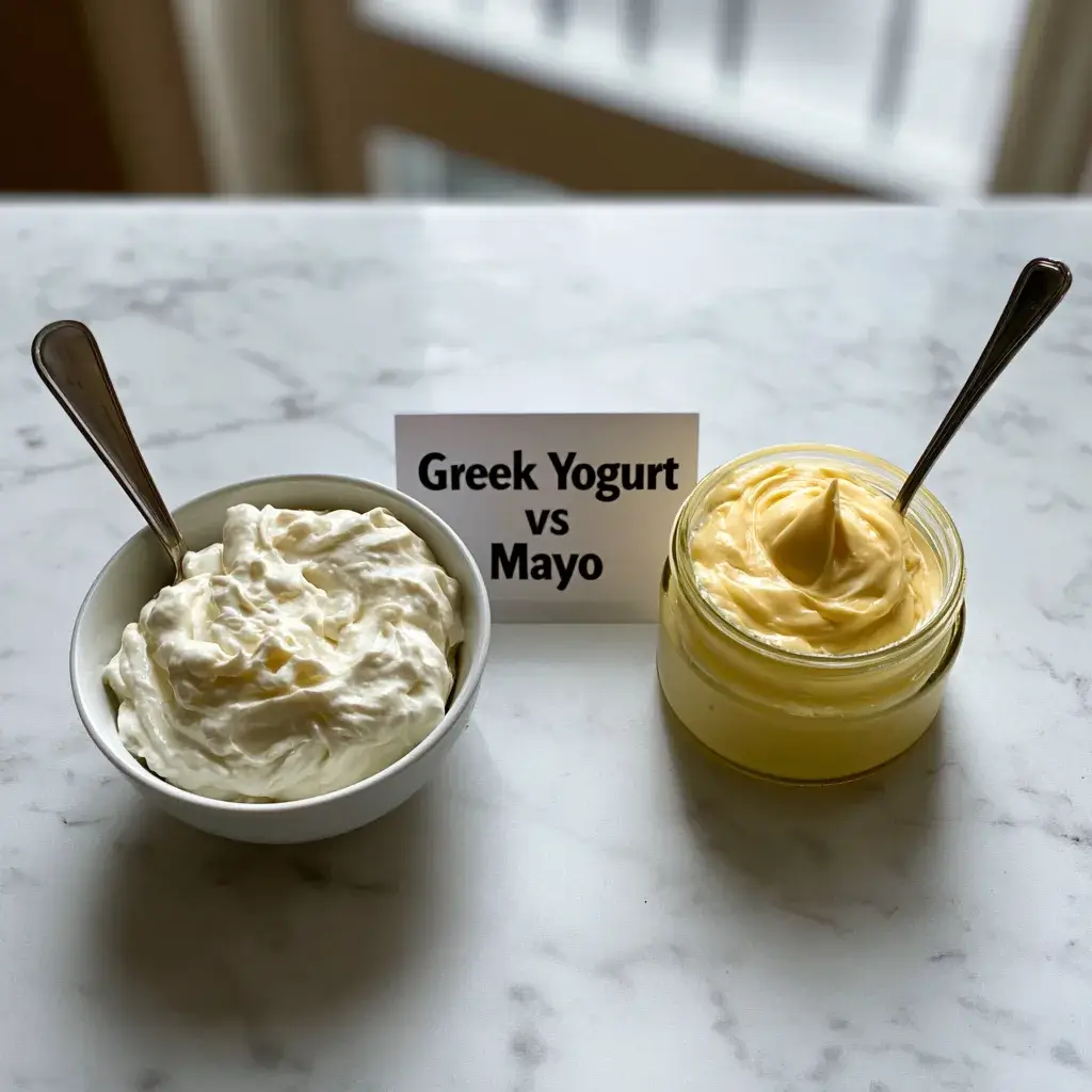 Side by side comparison of Greek yogurt and mayo for making high protein chicken salad