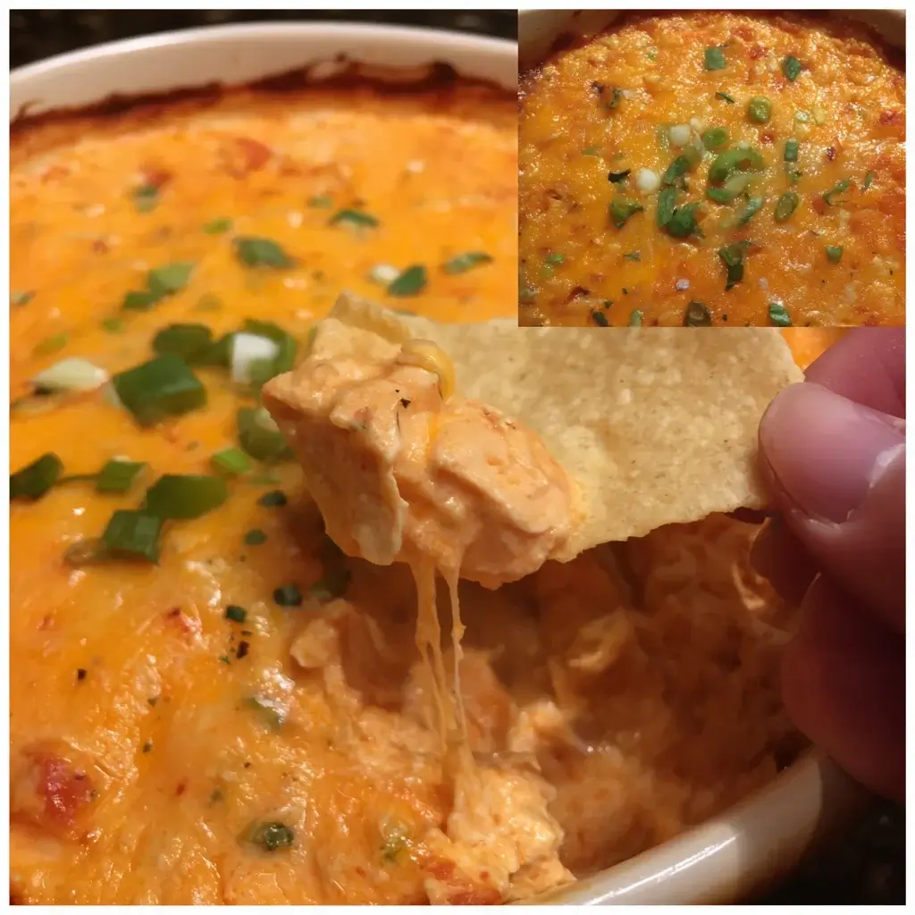 Close-up of creamy buffalo chicken dip baked golden and bubbly in a white ceramic dish, the dish that started it all