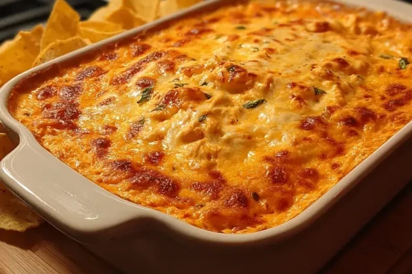 High protein buffalo chicken dip served warm in a white ceramic dish topped with green onions and a drizzle of buffalo sauce, surrounded by tortilla chips and celery sticks