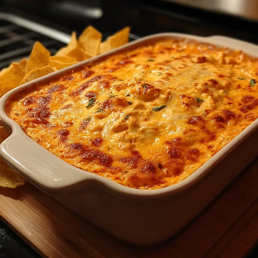 High protein buffalo chicken dip served warm in a white ceramic dish topped with green onions and a drizzle of buffalo sauce, surrounded by tortilla chips and celery sticks