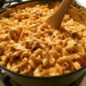 Pasta, chicken, and buffalo sauce stirred together for high protein buffalo chicken mac and cheese