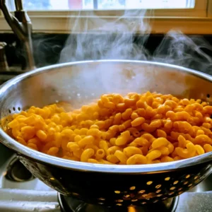 Cooked chickpea pasta draining in a colander for high protein buffalo chicken mac and cheese