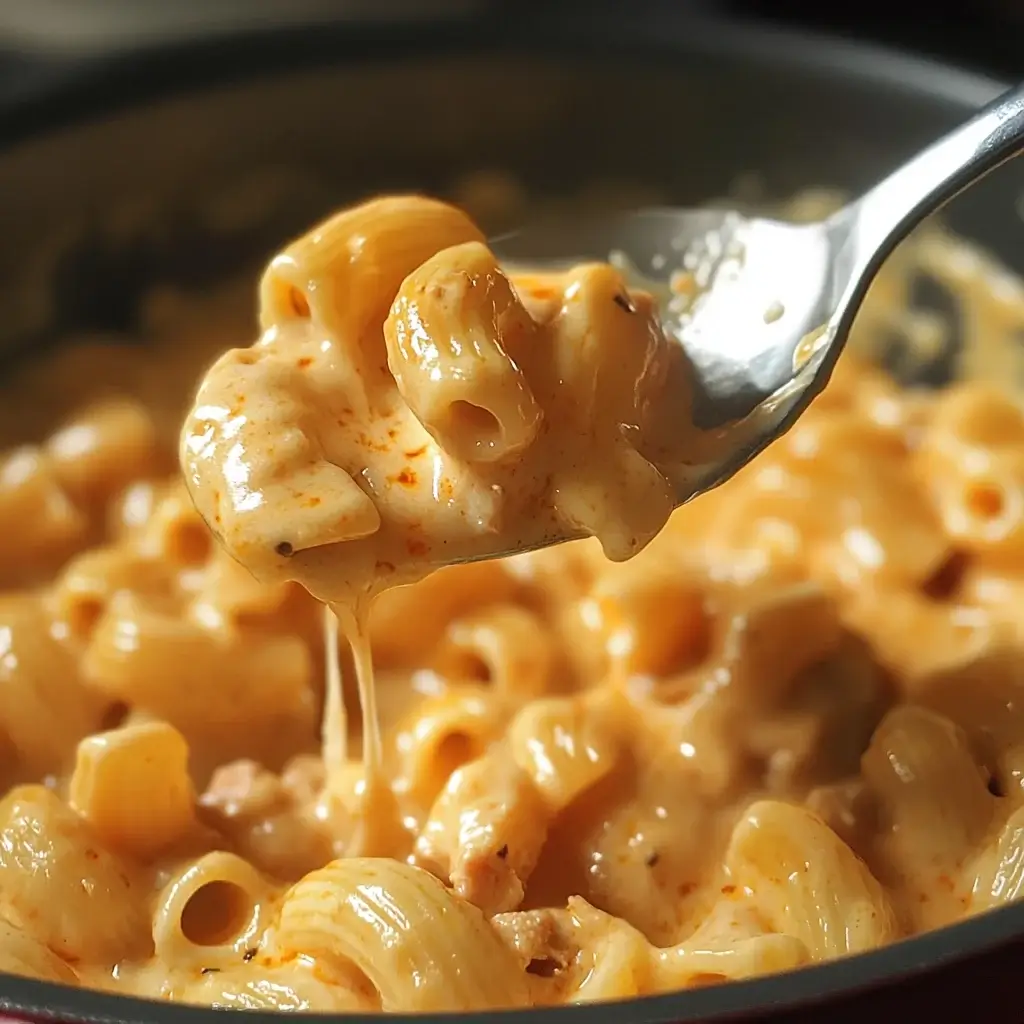 Glossy, properly thickened sauce coating pasta for high protein buffalo chicken mac and cheese
