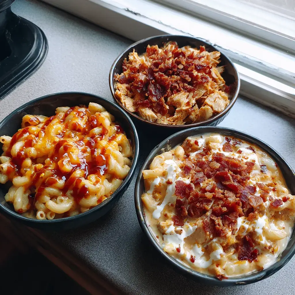 Variations of high protein buffalo chicken mac and cheese with different heat levels and toppings