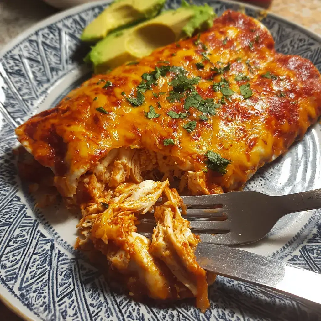 High protein chicken enchiladas topped with melted cheese and cilantro in a baking dish