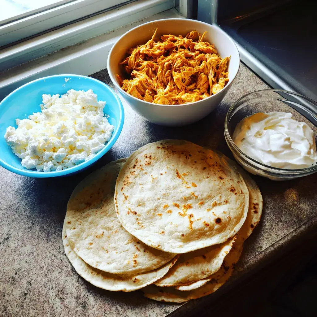 Four high protein ingredients for chicken enchiladas — shredded chicken, cottage cheese, Greek yogurt, and tortillas