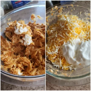 Cottage cheese and shredded chicken filling for high protein chicken enchiladas in a bowl