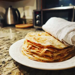 Corn tortillas wrapped in a damp paper towel to warm for high protein chicken enchiladas