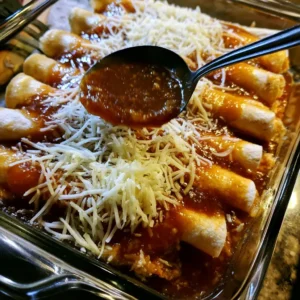 Rolled high protein chicken enchiladas topped with enchilada sauce and shredded cheese before baking