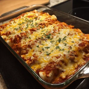 Baked high protein chicken enchiladas with melted cheese and cilantro fresh from the oven