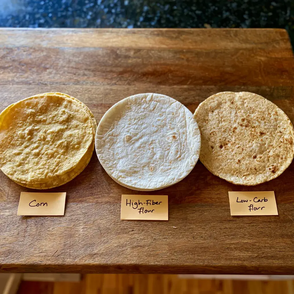 Corn, high-fiber, and low-carb tortillas side by side for high protein chicken enchiladas