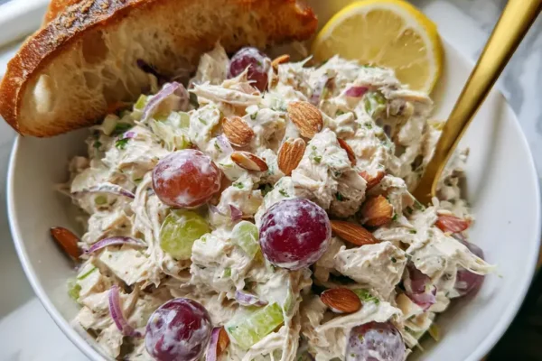 High protein chicken salad with Greek yogurt in a white bowl with a fork