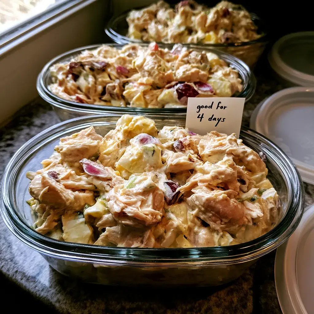 Four glass meal prep containers filled with high protein chicken salad ready to store in the fridge