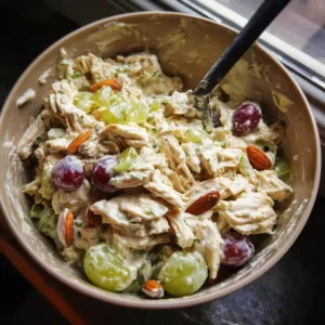 Folding Greek yogurt dressing into chicken and veggies to make high protein chicken salad