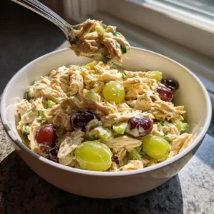 Finished high protein chicken salad in a bowl being seasoned before chilling