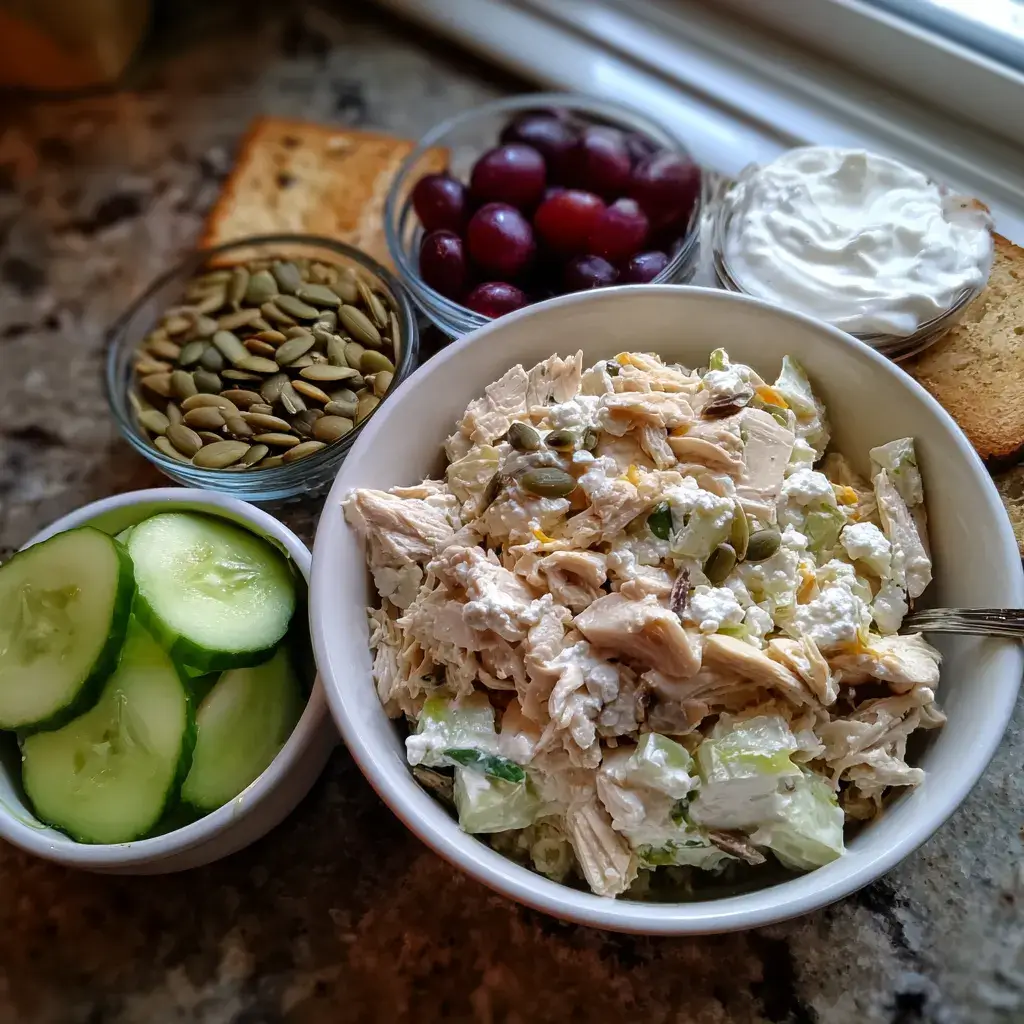 Four variation options for high protein chicken salad including dairy-free and low-carb swaps