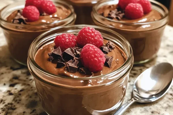 High protein chocolate mousse in three glass jars topped with raspberries and chocolate shavings