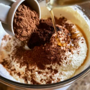 Adding chocolate protein powder, cocoa, and maple syrup to blended cottage cheese for high protein chocolate mousse