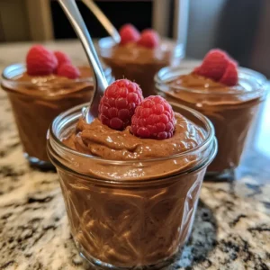Spooning high protein chocolate mousse into glass jars topped with raspberries