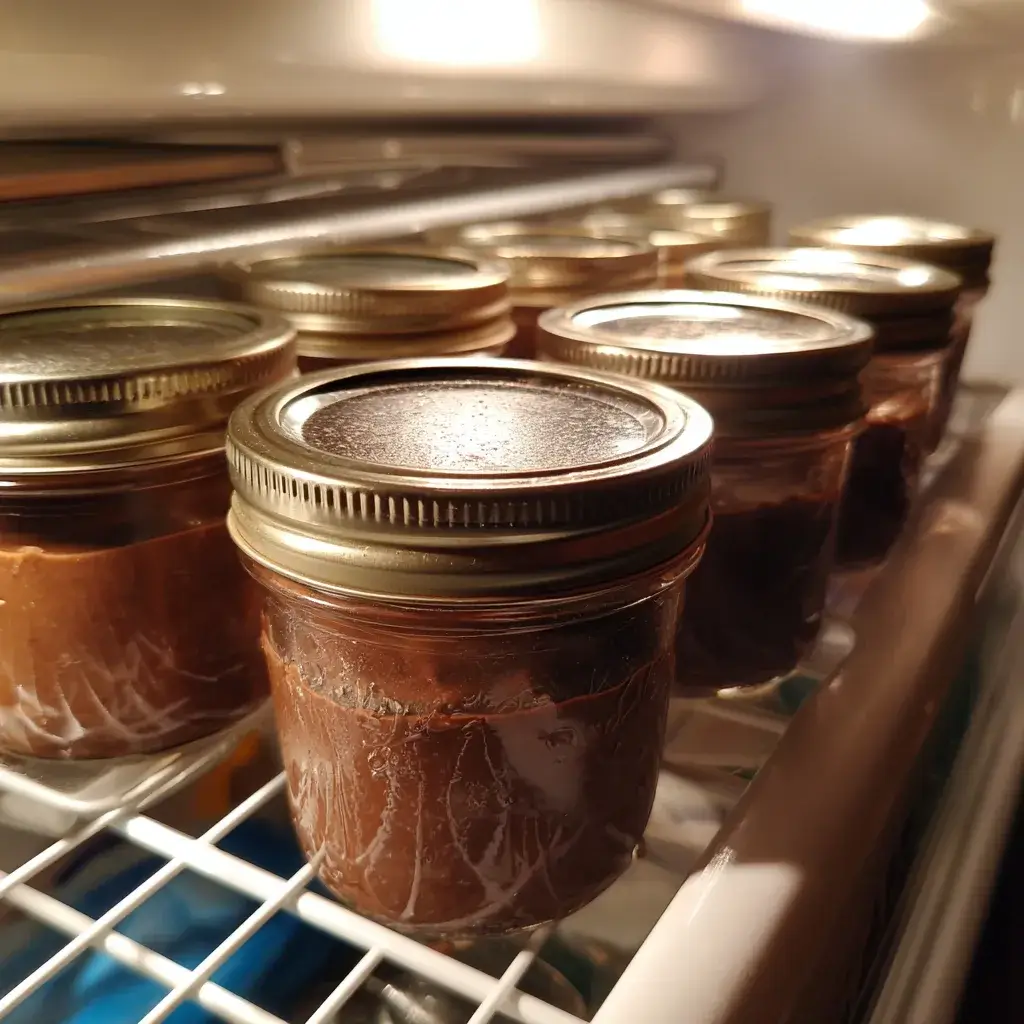Jars of high protein chocolate mousse stored with lids on a fridge shelf for make-ahead meal prep