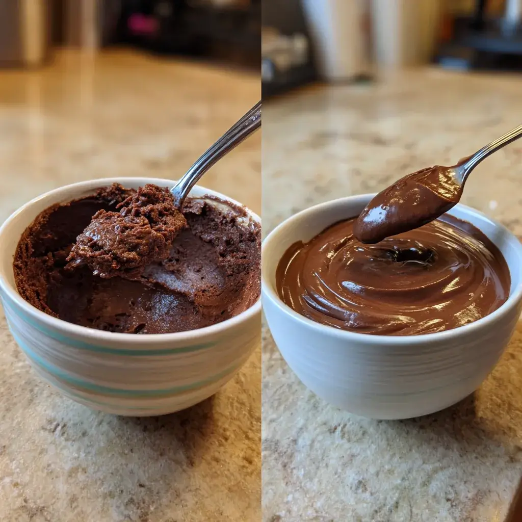 Grainy versus smooth high protein chocolate mousse shown side by side for troubleshooting texture