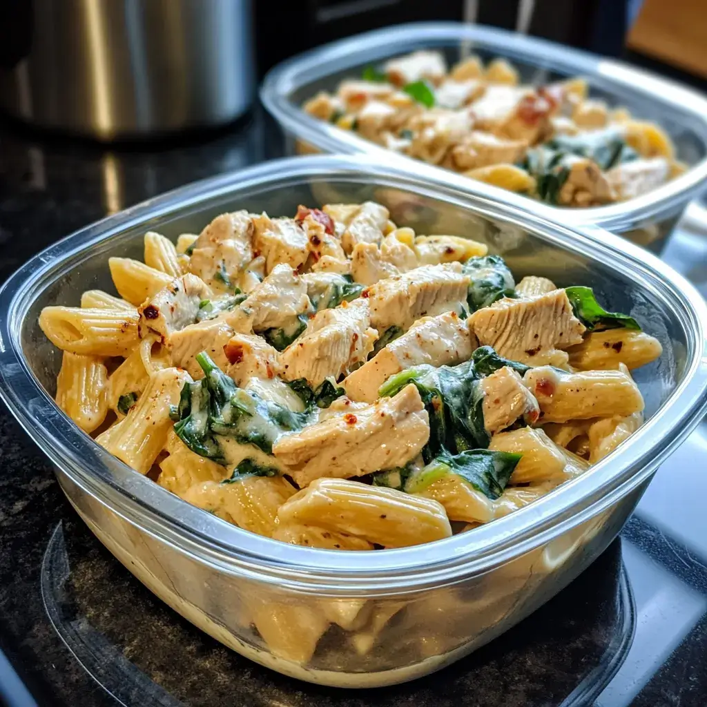 Four glass meal prep containers filled with equal portions of high protein pasta meal prep with chicken, spinach, and cottage cheese sauce, lined up on a kitchen counter