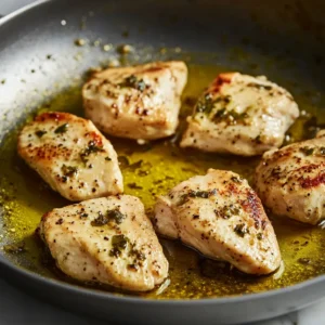 Italian-seasoned diced chicken searing golden brown in a skillet with olive oil for a high protein pasta meal prep