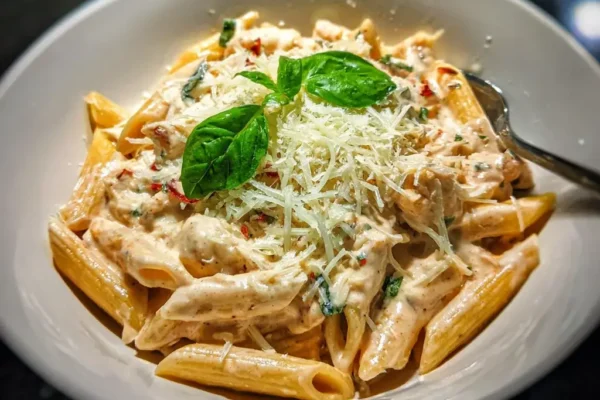A skillet of creamy high protein pasta recipe tossed with chicken, spinach, and sun-dried tomatoes in a blended cottage cheese sauce