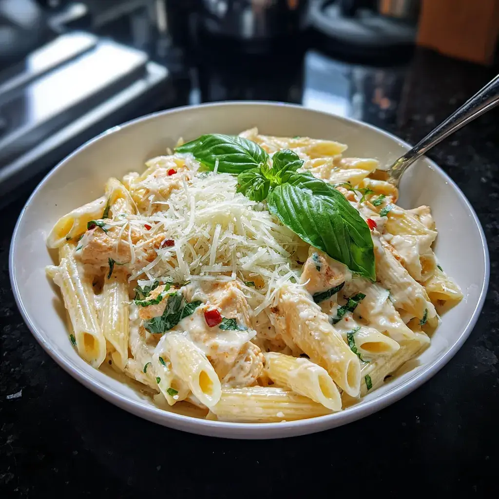 Overhead flat lay of high protein pasta recipe ingredients including dry chickpea pasta, cottage cheese, diced chicken breast, parmesan, garlic, spinach, and sun-dried tomatoes