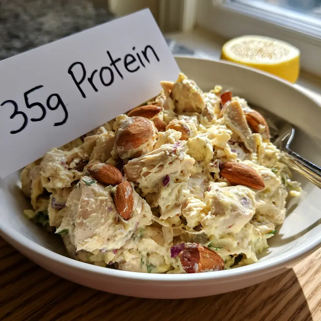 Bowl of high protein chicken salad next to a card showing 35g protein per serving