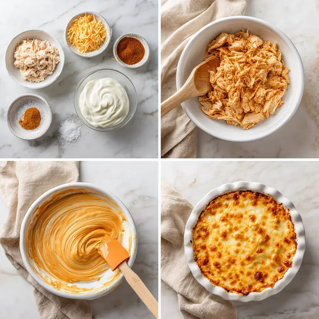 Step by step process of making high protein buffalo chicken dip showing mixing ingredients, spreading into a baking dish, and serving warm with chips and celery