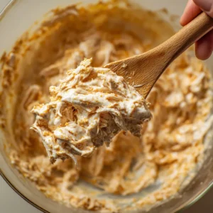 Large bowl with shredded chicken, Greek yogurt, cream cheese, buffalo sauce, ranch seasoning, and shredded cheddar being mixed together
