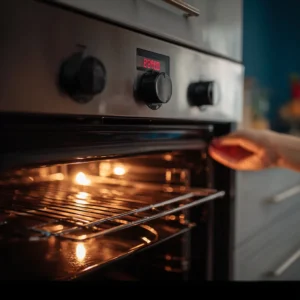 Oven preheating to 400°F with a block of cream cheese softening on the counter