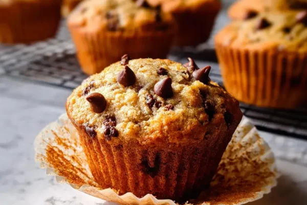 protein chocolate chip muffins cooling on a wire rack with melty chocolate chips