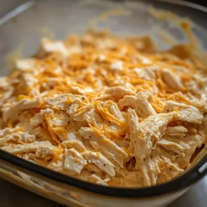 Creamy buffalo chicken mixture being spread evenly into a 9-inch pie dish