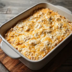 Shredded cheddar cheese being sprinkled over the top of unbaked buffalo chicken dip in a pie dish