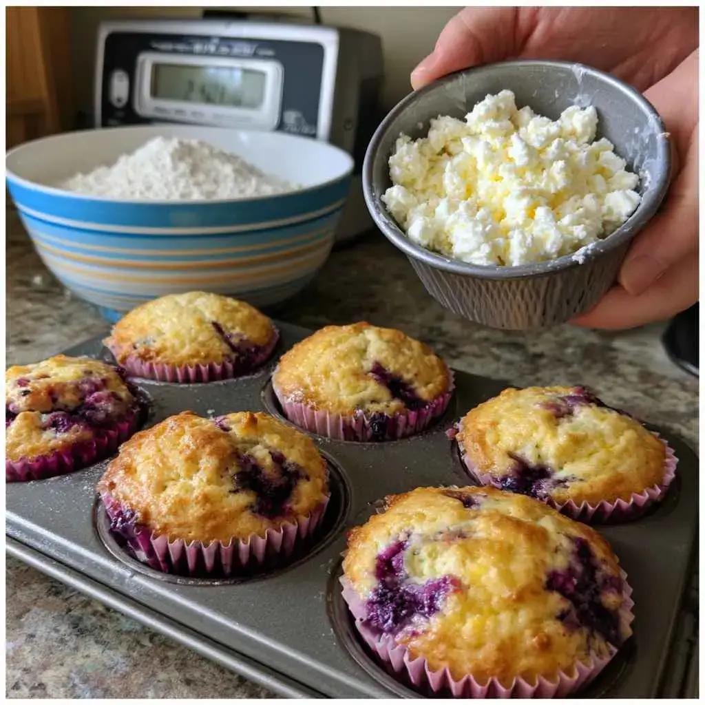 Tips for high protein blueberry muffins showing blended cottage cheese, a kitchen scale and cups filled to the top