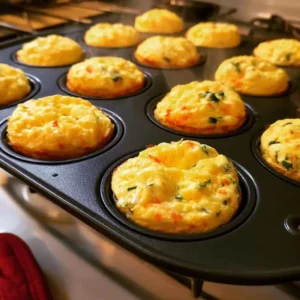 Freshly baked high protein cottage cheese egg bites puffed golden in a silicone muffin pan
