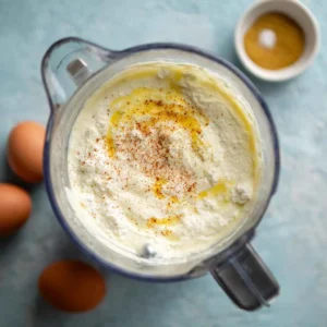 Blender filled with smooth blended egg and cottage cheese batter for egg bites