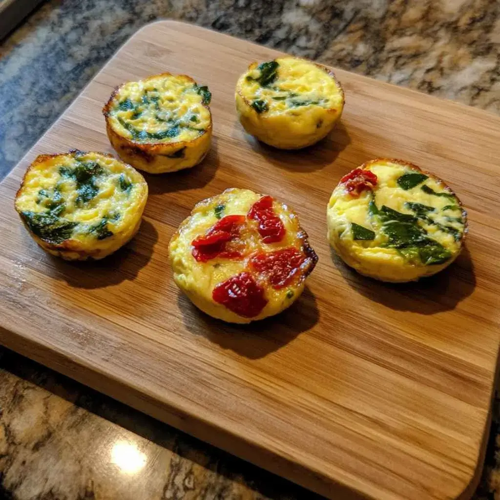 Three variations of cottage cheese egg bites with spinach, sun-dried tomato, and egg white versions
