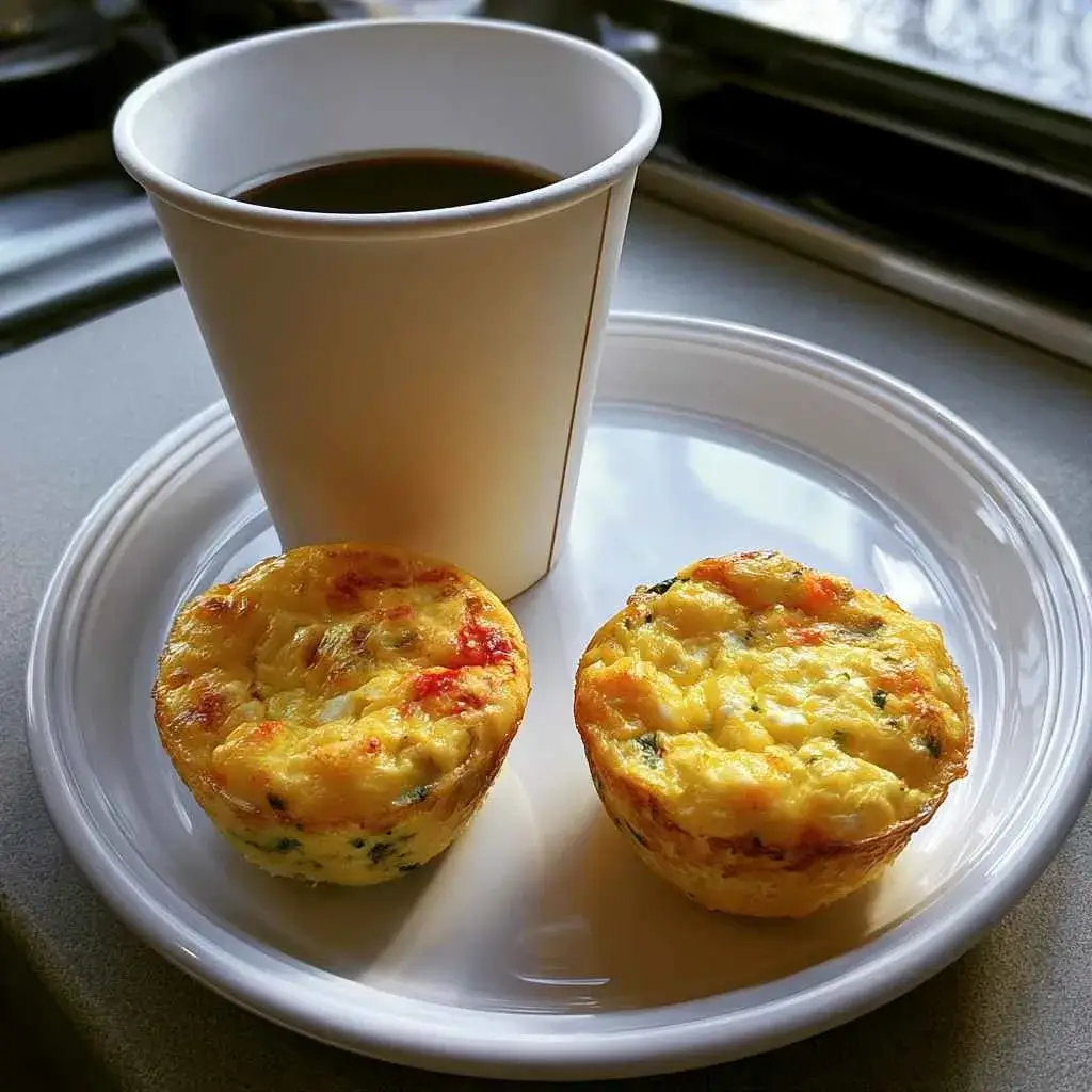 Homemade cottage cheese egg bites on a plate next to a takeaway coffee cup