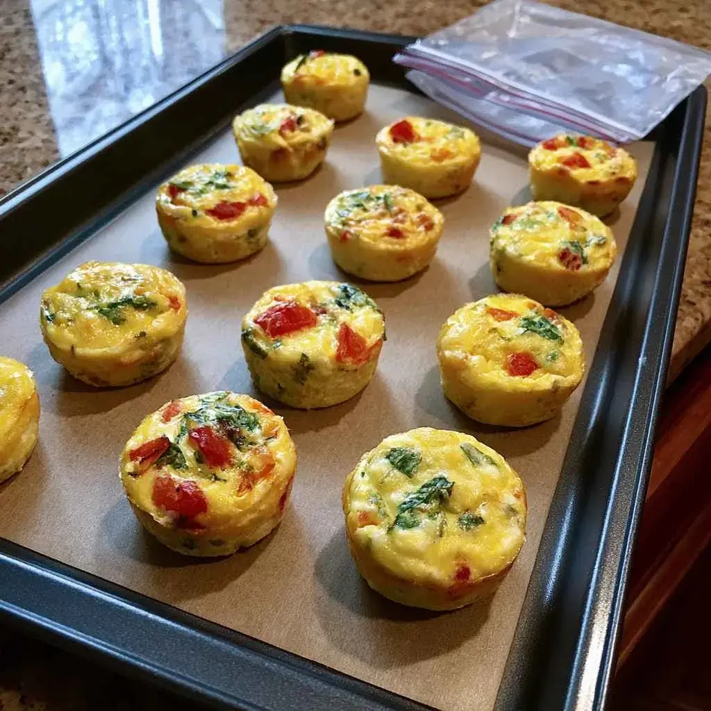 Cottage cheese egg bites arranged in a single layer on a baking sheet before freezing