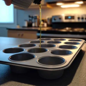 Hand greasing a silicone muffin pan before making cottage cheese egg bites