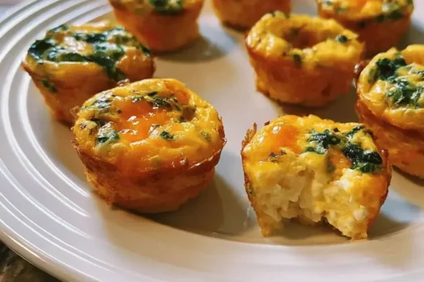 Plate of golden High Protein Egg Bites With Cottage Cheese, spinach and cheddar, one cut open