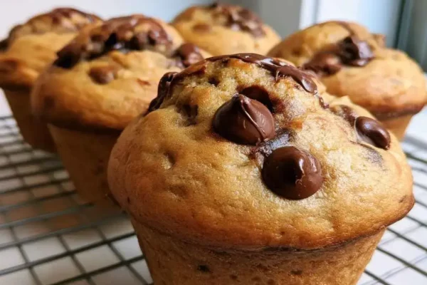 High protein banana muffins studded with chocolate chips and domed bakery-style tops cooling on a wire rack