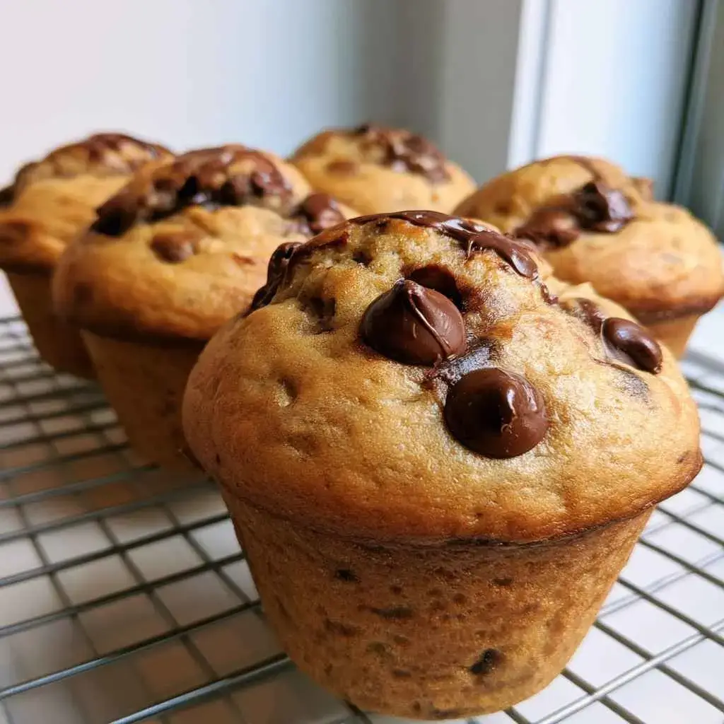 High protein banana muffins studded with chocolate chips and domed bakery-style tops cooling on a wire rack